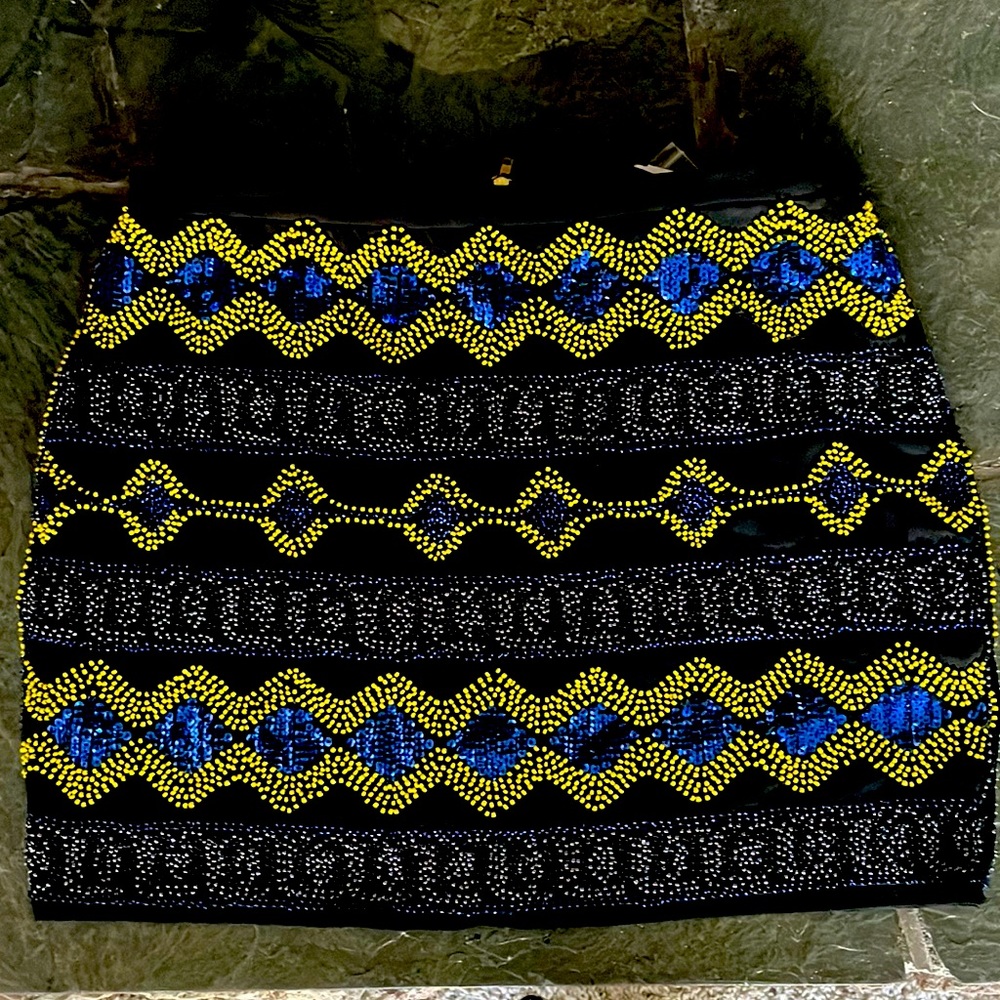 Gorgeous beaded mini skirt with blue sequins and yellow beads fully lined size M